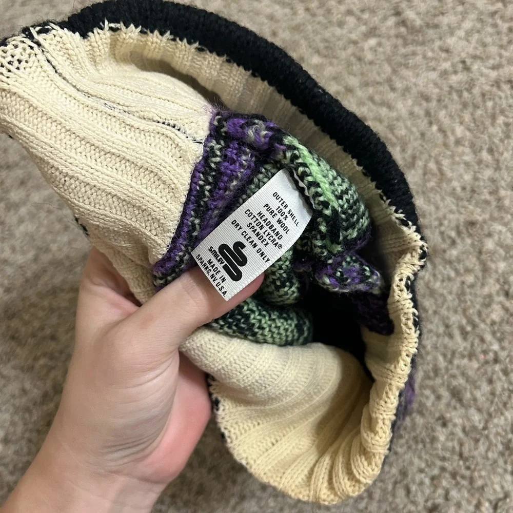 Smiley Purple, Black & Cream Patterned Knit Beanie Pure Wool Cotton Spandex USA